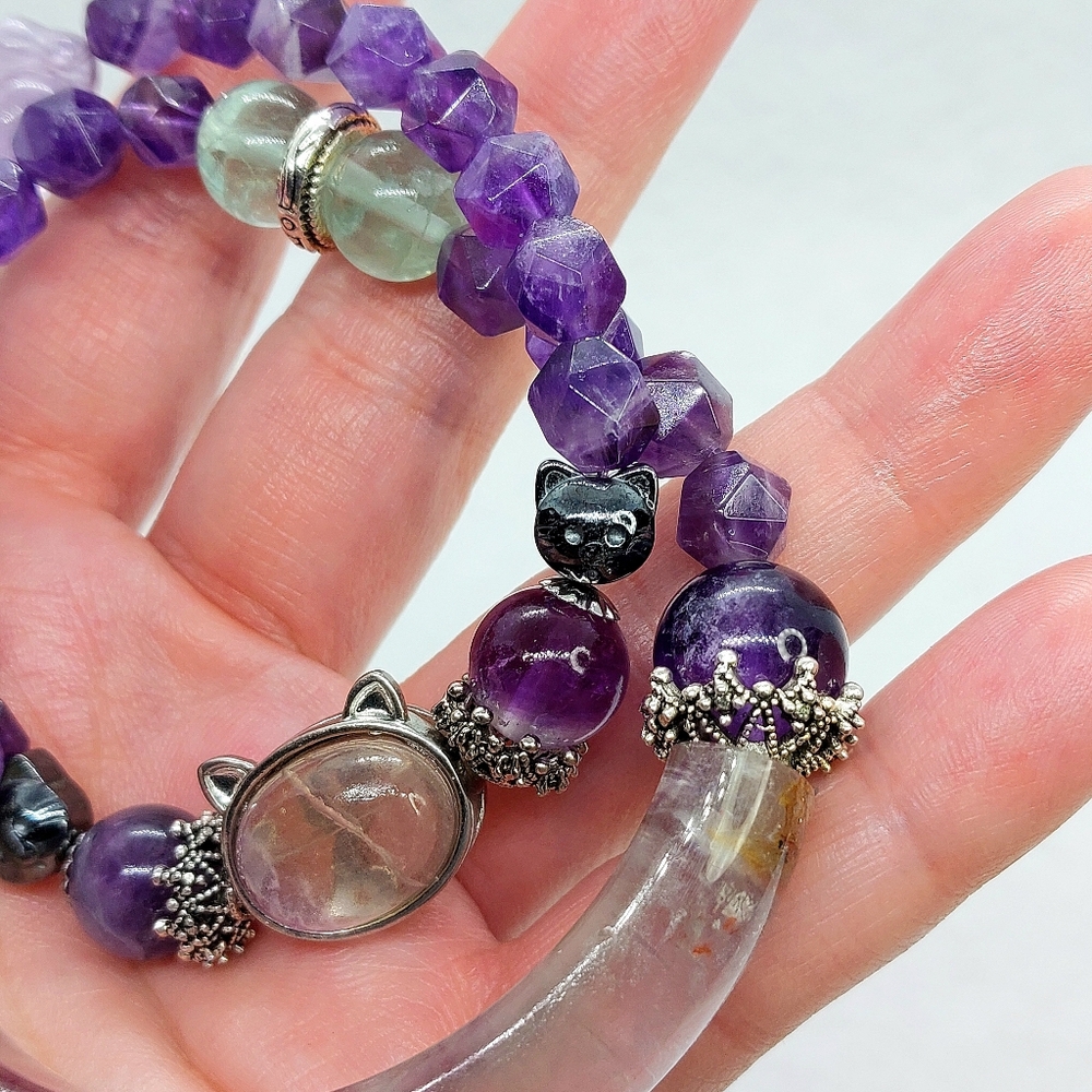 🐱 Fluorite "Kitty" Double Wrap Faceted Amethyst 1/2 Hard Bangle Bracelet - Picture 6 of 6
